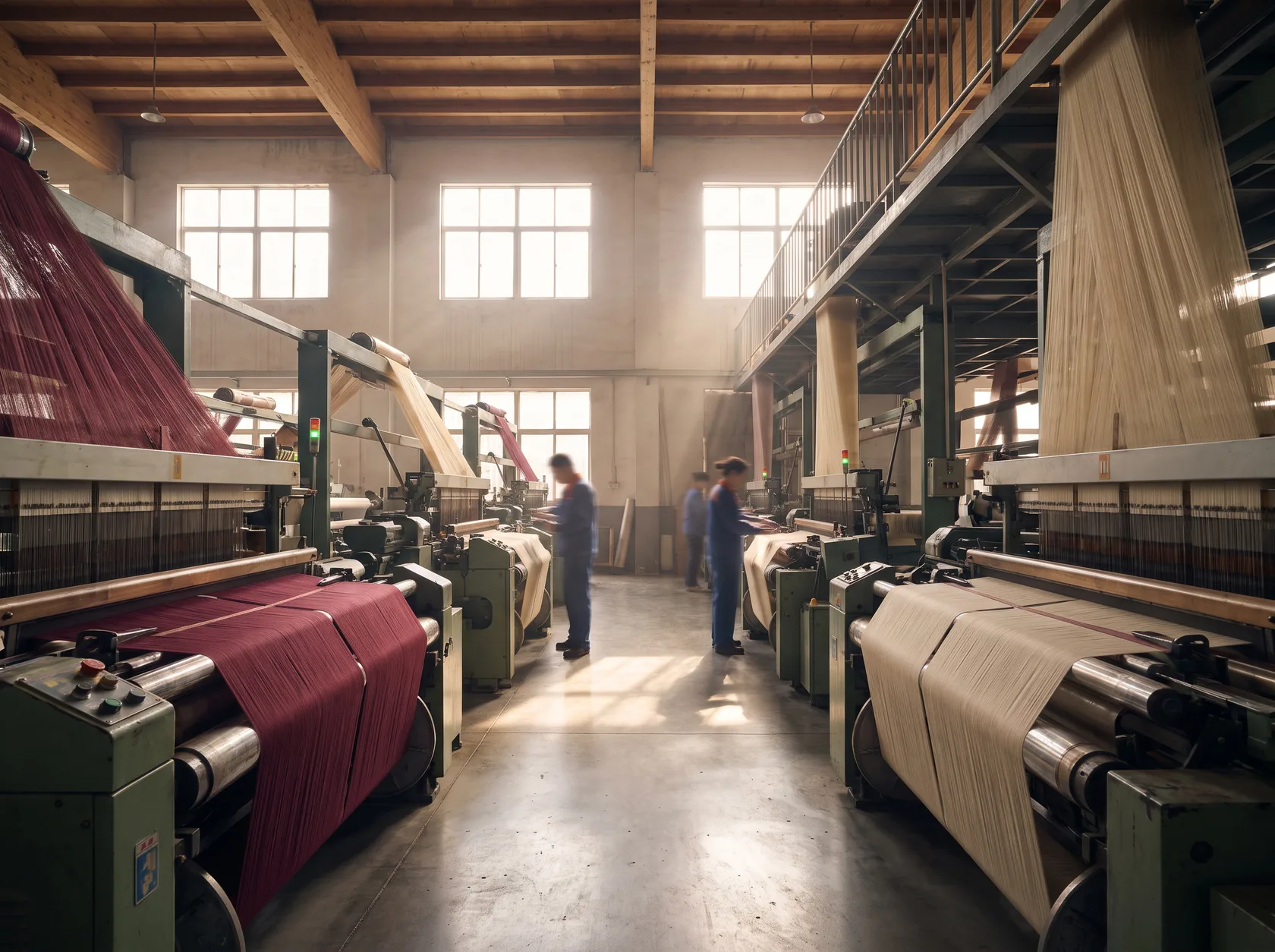 Rows of industrial weaving looms inside a textile mill in Zhejiang, China