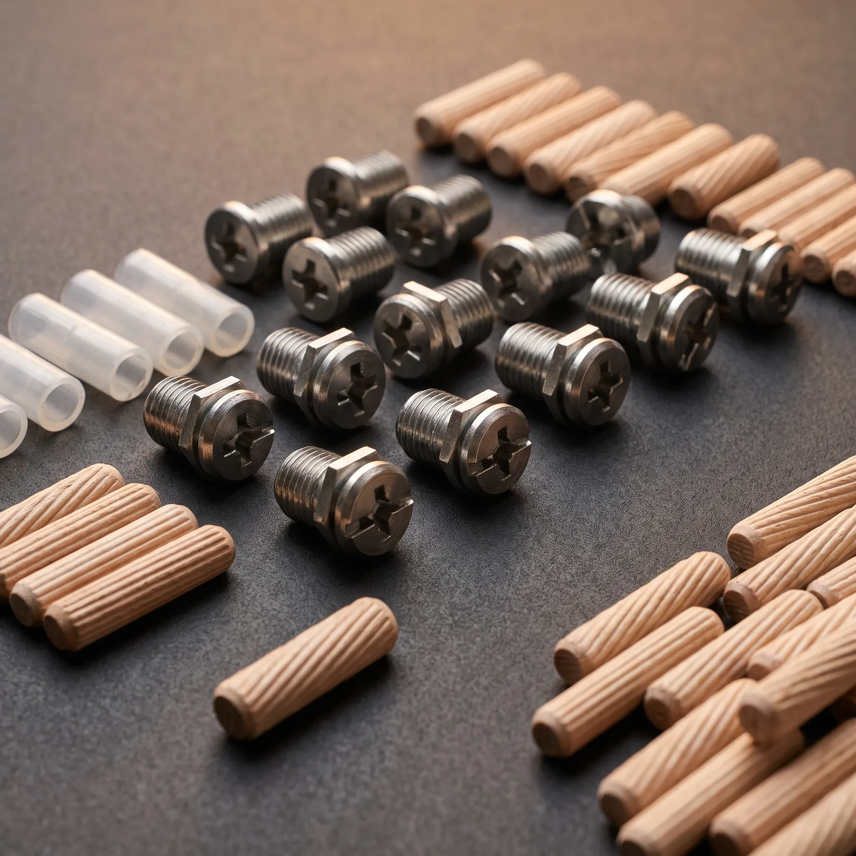 Espigas de madera, conectores minifix y tornillos de fijación para muebles