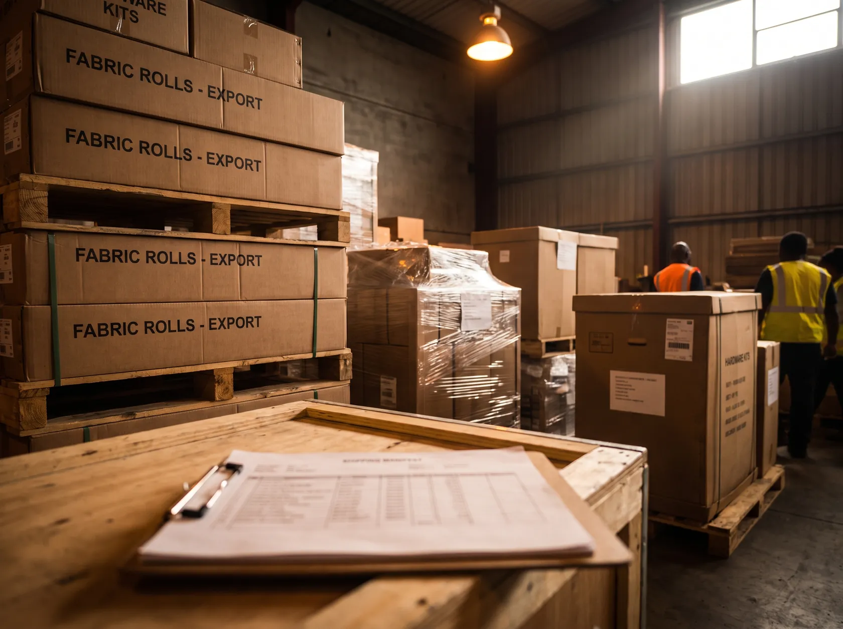 Fabric export warehouse with rolled bolts stacked on pallets ready for shipment