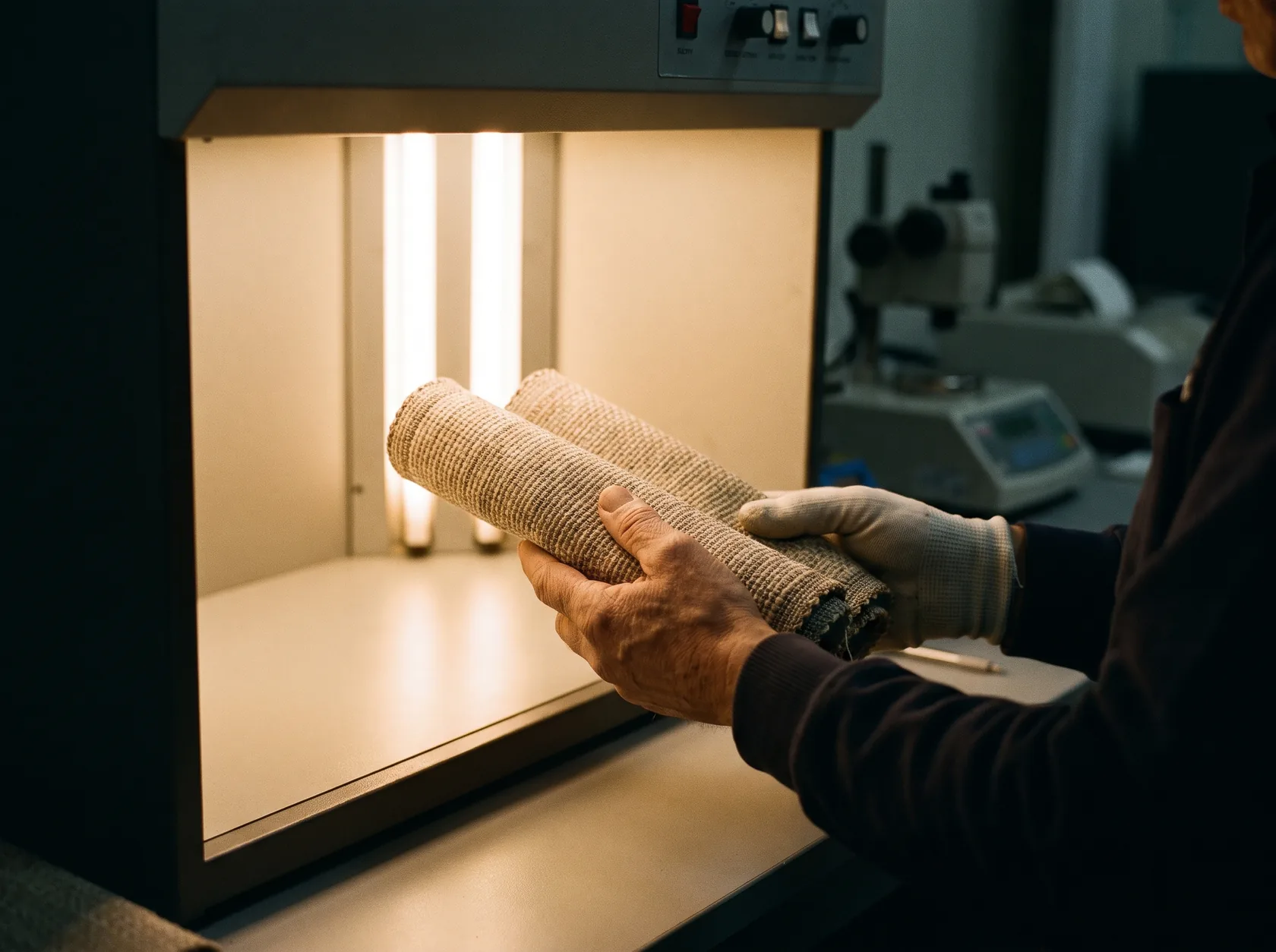 Hands examining a rolled fabric sample against a color-matching light box